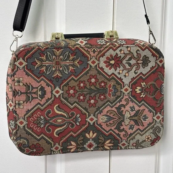 Vintage 80s 90s Y2K Needlepoint Tapestry Purse Handbag Structured Travel Case - Picture 5 of 15